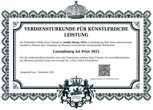 Verdiensturkunde für künstlerische Leistung im Rahmen des Luxembourg Art Prize 2021